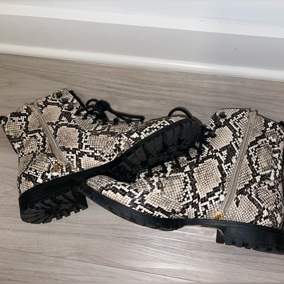 Express snakeskin combat booties. Rhinestone embellishing around sole. - Picture 9 of 10